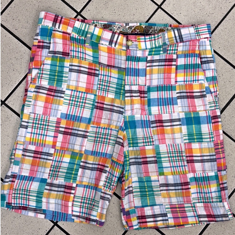 Berle Patchwork Madras Shorts Mens 35 Multi Excellent Plaid Preppy Flat Front